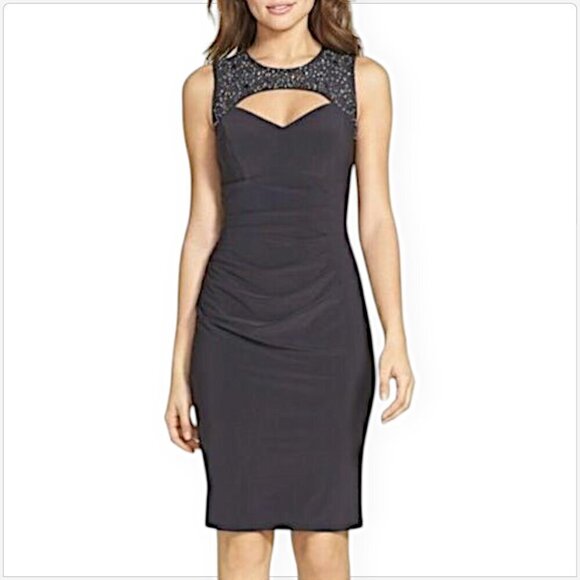Cache Dark Gray Embellished Cutout Neckline Lace Trim Cocktail Ruched Dress 8 - Picture 1 of 5